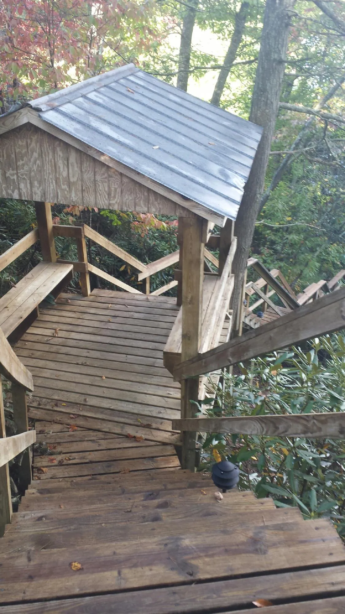 Metal roofed shelter over wooden steps on a wooded walkway — Skylight Repair & Installation work by our crew in Arbon